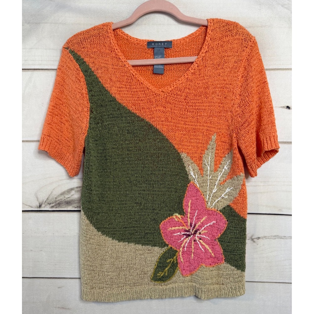 Koret Womens Orange Floral Embroidered Beaded‎ V-Neck Knit Sweater Top Size S